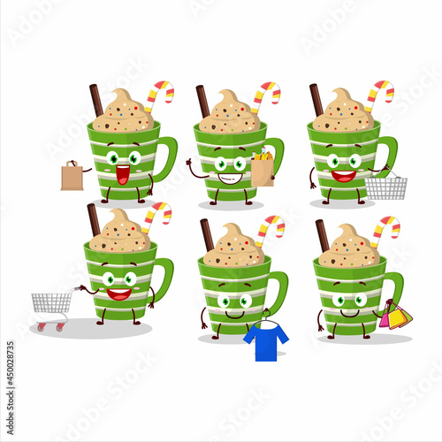 A Rich frappe chocolate mascot design style going shopping
