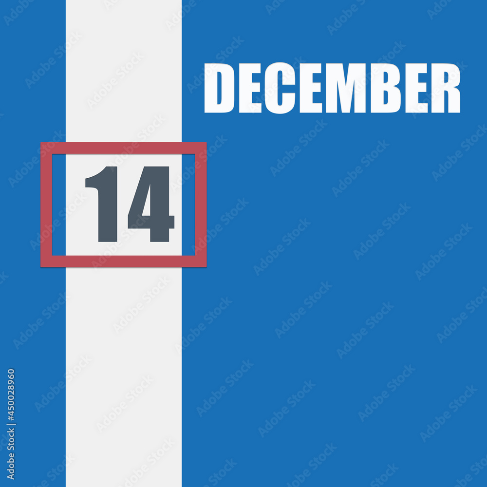 december 14. 14th day of month, calendar date.Blue background with white stripe and red number slider. Concept of day of year, time planner, winter month. december 14. 14th day of month, calendar date.Blue background with white stripe and red number slider. Concept of day of year, time planner, winter month.