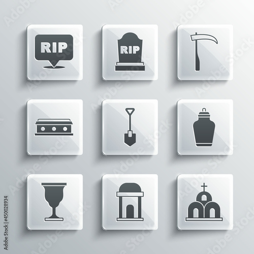 Set Old crypt, Church building, Funeral urn, Shovel, Christian chalice, Coffin with cross, Speech bubble rip death and Scythe icon. Vector