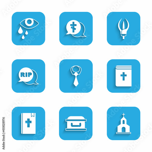 Set Tie, Coffin with cross, Church building, Holy bible book, Speech bubble rip death, Lily flower and Tear cry eye icon. Vector