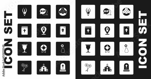 Set Memorial wreath, Coffin with cross, Holy bible book, Lily flower, Speech bubble rip death, Flower vase and Christian chalice icon. Vector
