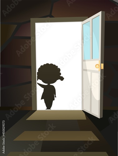 Childhood fear. A little girl peers into a dark room through an open door. Day. Steps to basement. Illustration for kids. Afraid of the dark. Background Vector