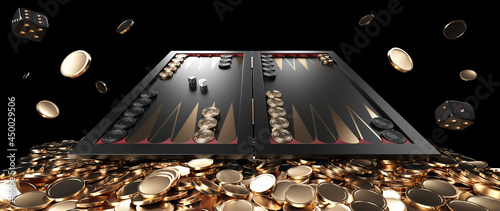 Fotografiet Modern Black Red And Golden Backgammon Board, Dices And Coins Isolated On The Bl