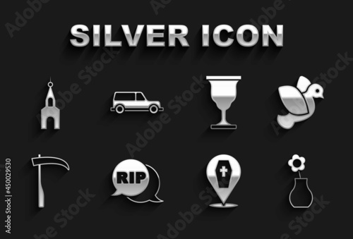 Set Speech bubble rip death, Dove, Flower in vase, Coffin with cross, Scythe, Christian chalice, Church building and Hearse car icon. Vector