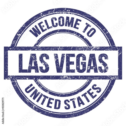 Photography WELCOME TO LAS VEGAS - UNITED STATES, words written on blue stamp