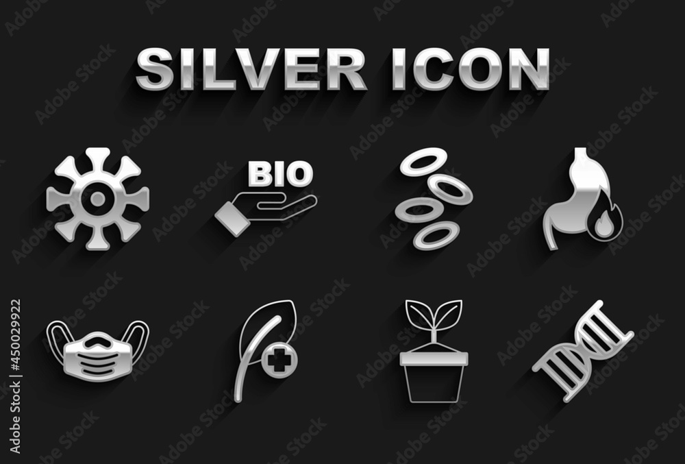 Set Leaf or leaves, Stomach heartburn, DNA symbol, Plant in pot, Medical protective mask, Hemoglobin, Bacteria and Bio healthy food icon. Vector