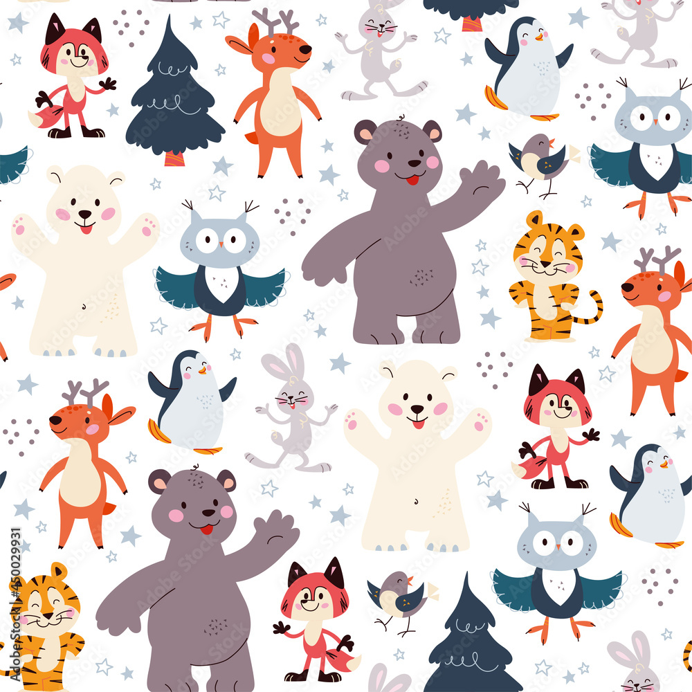 Seamless pattern with funny animals polar bear, penguin, owl, rabbit characters and fir trees isolated. For Christmas cards, invitations, packaging paper etc. Vector flat cartoon illustration.