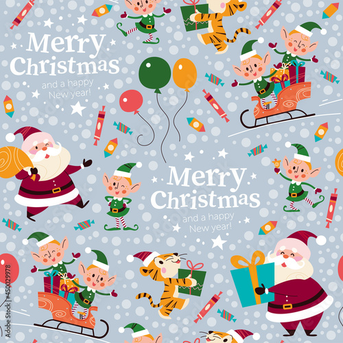 Seamless pattern with Santa Claus, tiger, elves characters in a sleigh with Merry Christmas congratulation. For Christmas cards, invitations, packaging paper etc. Vector flat cartoon illustration.