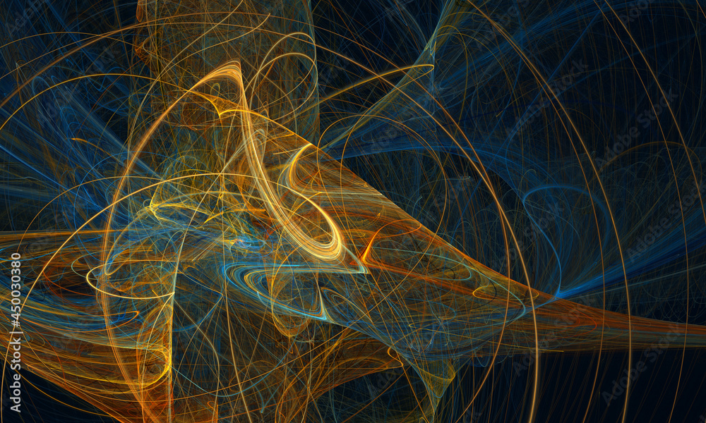 Fantastic and artistic 3d digital representation of radio waves, sound volume, rhythm of the universe or audio radiation in glowing blue orange and yellow hues on dark background. Great as banner. Fantastic and artistic 3d digital representation of radio waves, sound volume, rhythm of the universe or audio radiation in glowing blue orange and yellow hues on dark background. Great as banner.