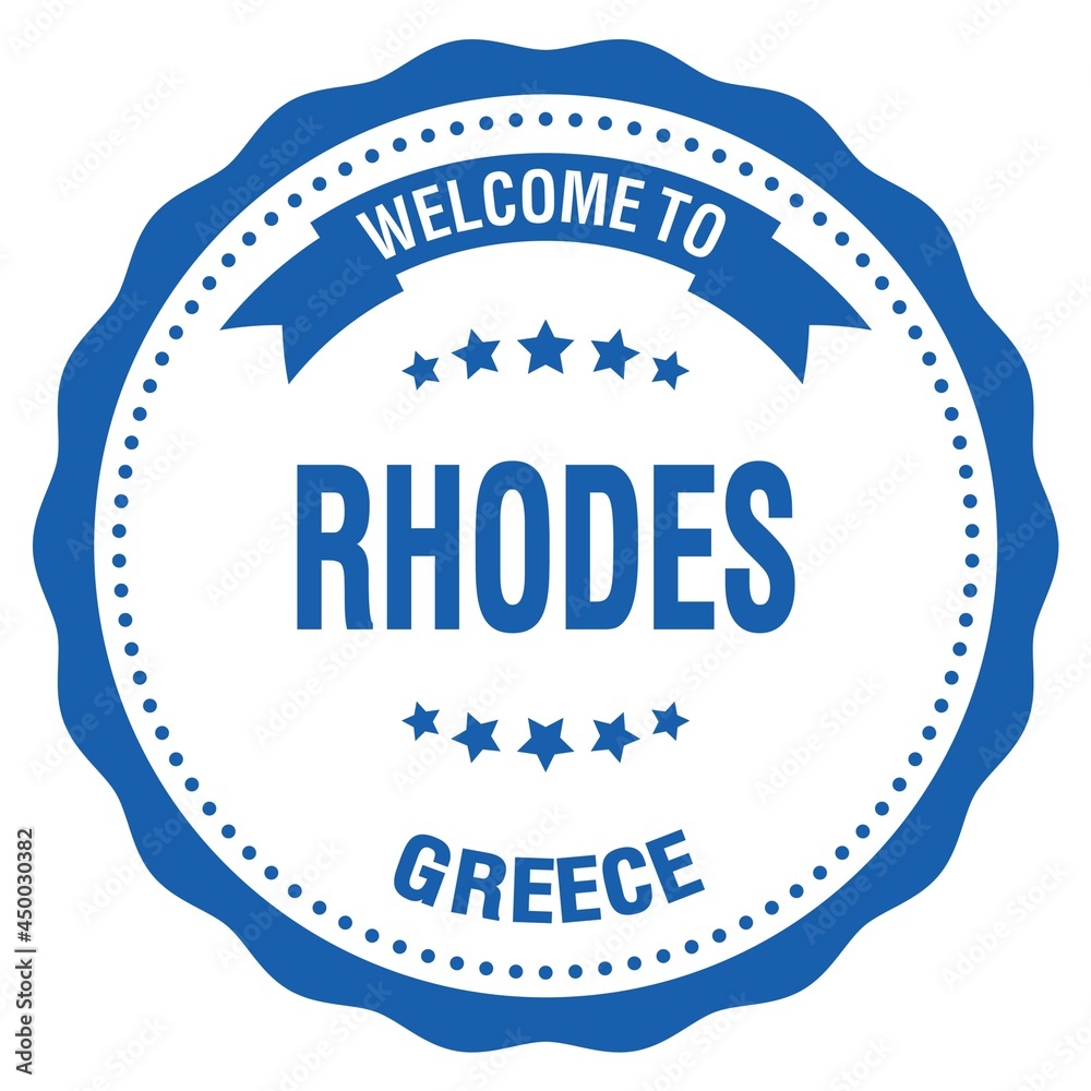 WELCOME TO RHODES - GREECE, words written on greek blue stamp