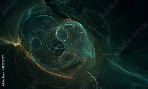 Chaotic geometric 3d digital illustration with green and orange glowing neon circles and flames creating spirals, curls and holes in perspective of deep dark space. Abstract and futuristic background.