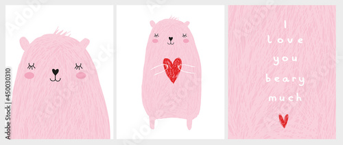 Cute Hand Drawn Vector Illustrations with Pastel Pink Bear Holding a Big Red Heart. Sweet Infantile Style Nursery Art with Baby Bear on a White Background for Card, Wall Art, Poster, Valentine's Day.