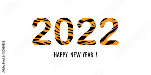 New year 2022 design template with wishes. The year of the tiger of lunar Eastern calendar. Striped fluffy black and orange funny numbers 2022. Inscription: happy new year. Vector illustration
