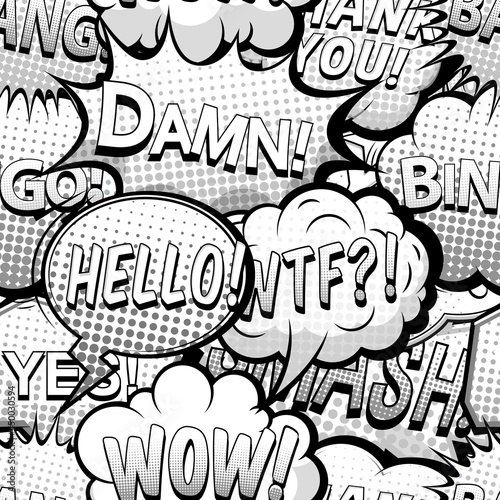 Black and white comics speech bubbles seamless pattern vector