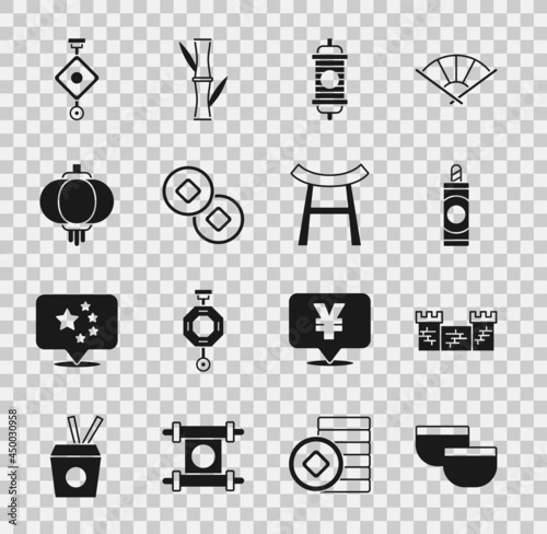 Set Chinese tea ceremony, Great wall of China, Firework, paper lantern, Yuan currency, and Japan Gate icon. Vector