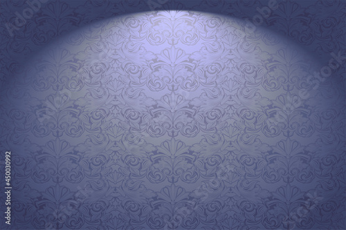 Vintage, Gothic horizontal background in the Baroque, rococo style. Luxurious, royal wallpaper in new light violet, lavender color with stage lighting. Vector illustration