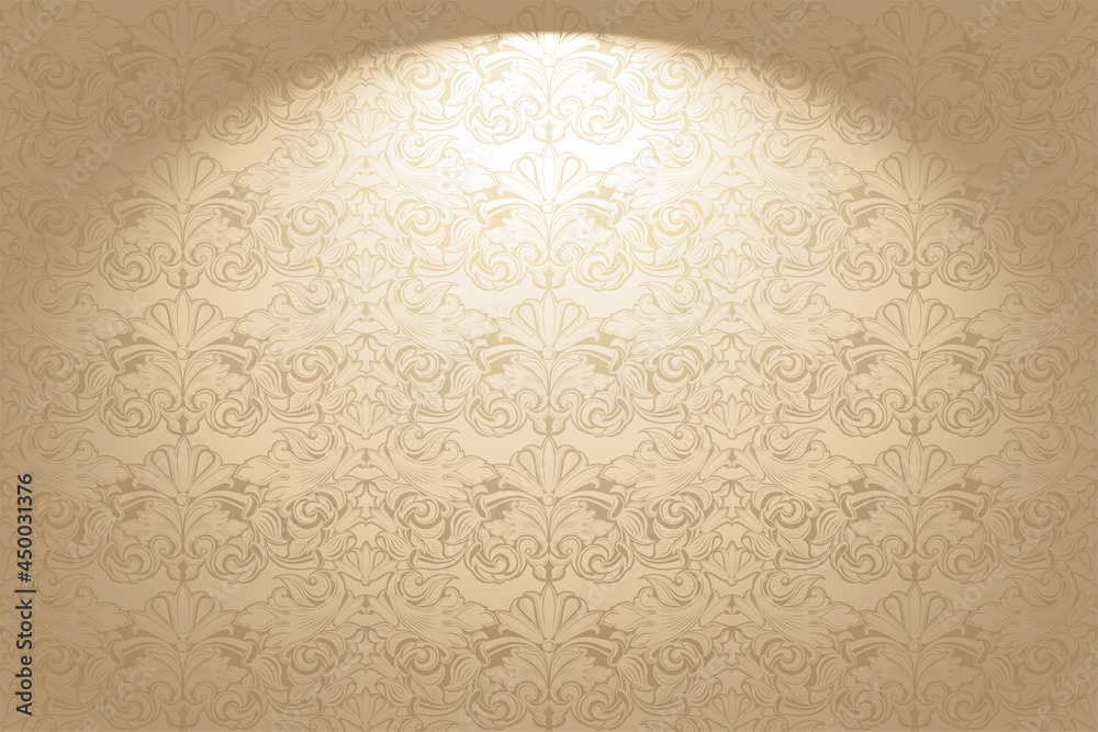 Vintage, Gothic horizontal background in the Baroque, rococo style. Luxurious, royal gold wallpaper with stage lighting. Vector illustration - obrazy, fototapety, plakaty 