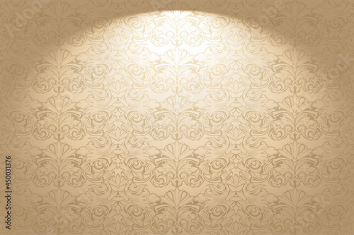 Vintage, Gothic horizontal background in the Baroque, rococo style. Luxurious, royal gold wallpaper with stage lighting. Vector illustration photo
