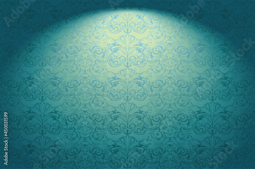Vintage, Gothic horizontal background in the Baroque, rococo style. Luxurious, royal wallpaper in aqua blue color with stage lighting. Vector illustration