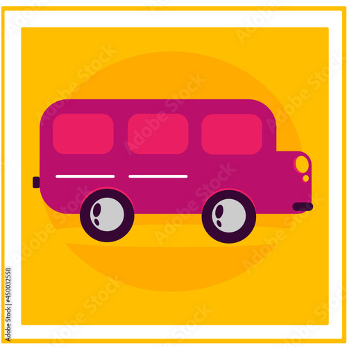 Vector illustration of a pink bus. Pink car. Bus with closed insoles. Postcard of a pink bus on a yellow background with glowing headlights. Public transport.