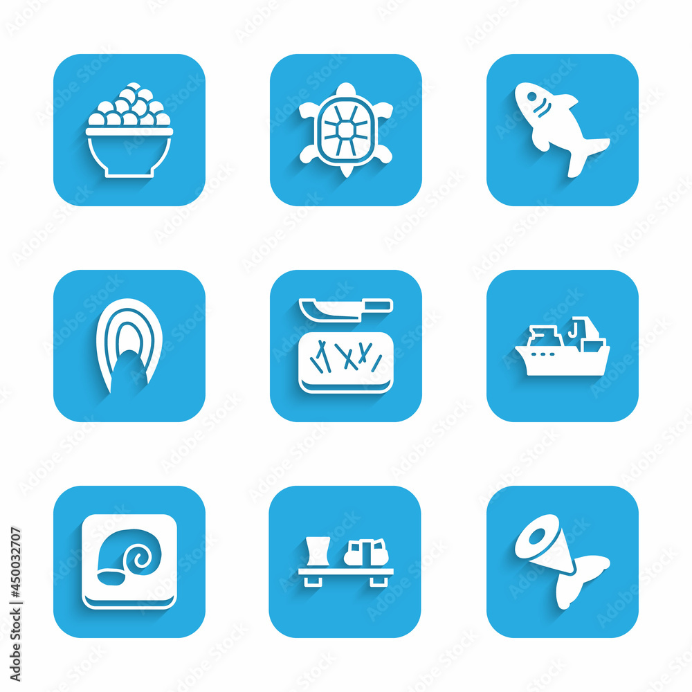 Set Cutting board and knife, Sushi on cutting, Fish tail, Fishing boat, Octopus plate, steak, Shark and Caviar icon. Vector Set Cutting board and knife, Sushi on cutting, Fish tail, Fishing boat, Octopus plate, steak, Shark and Caviar icon. Vector