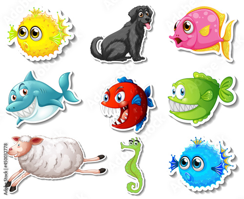 Set of stickers with sea animals and dogs cartoon character