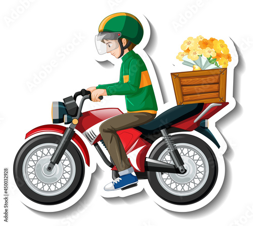 A sticker template with delivery man on motorcycle