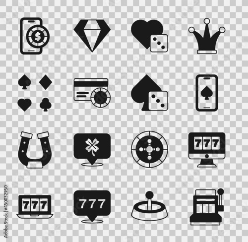 Set Slot machine, Online slot with jackpot, poker table game, Game dice, Credit card, Deck of playing cards, and icon. Vector