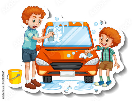 A sticker template with father washing car with his son