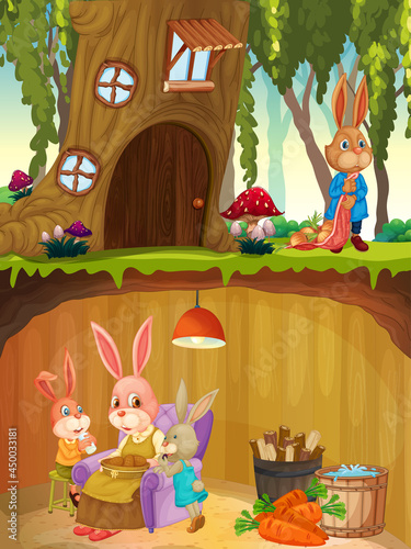 Rabbit family in underground with ground surface of the garden scene