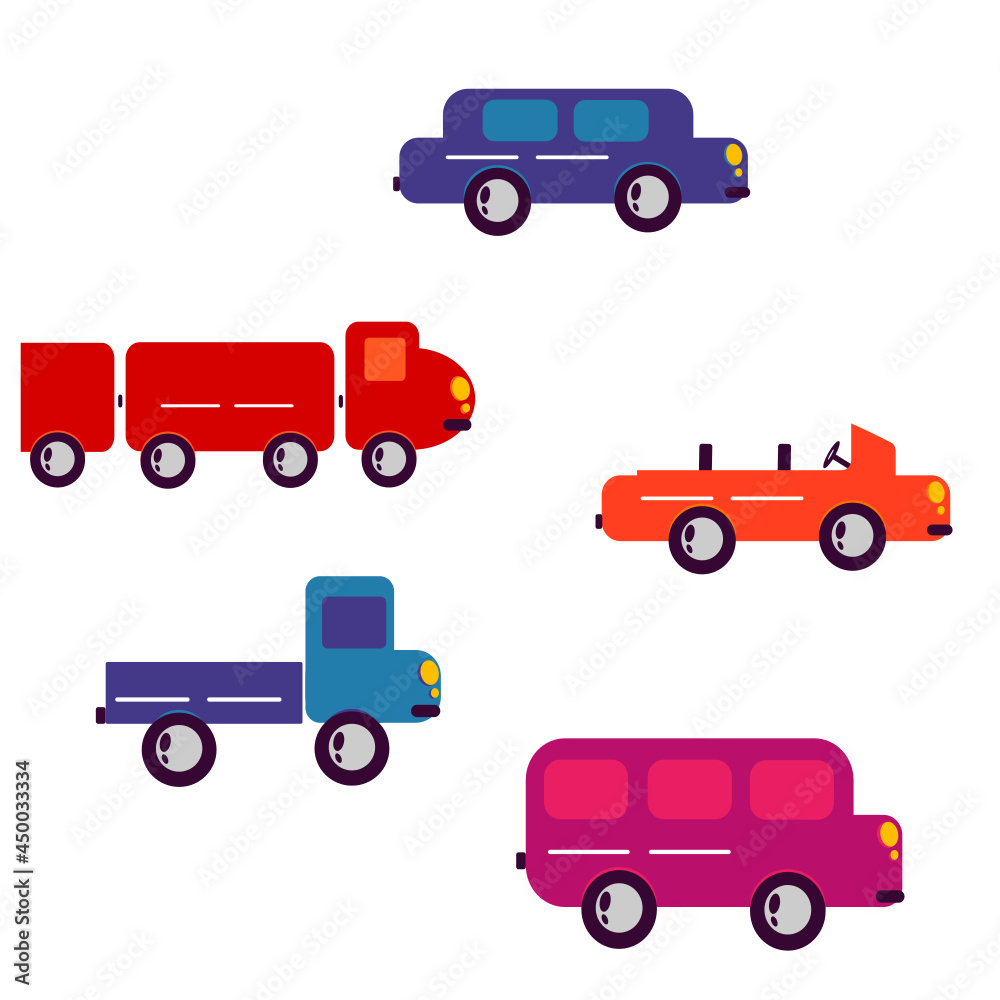 A set of cars. Vector illustration of transport. Cars go one by one. Bright children's cars. Cars for every taste. Transport rental