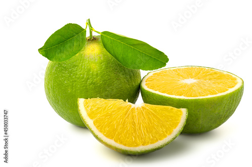 Citrus Sinensis Green, sliced isolated on white background