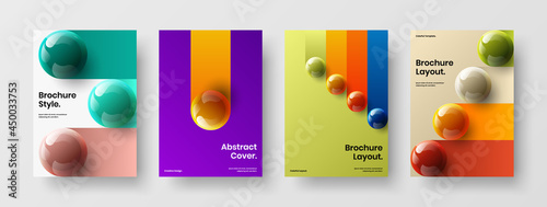 Multicolored placard A4 vector design layout bundle. Colorful realistic spheres company identity template composition.