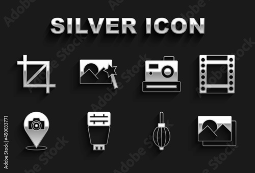 Set Photo camera flash, Camera roll cartridge, frame, Dust blower, Picture crop photo and retouching icon. Vector