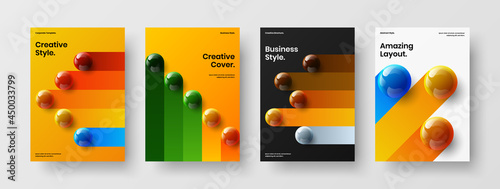 Geometric realistic balls front page layout bundle. Isolated corporate cover vector design template collection.