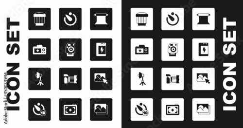 Set Empty photo studio, Photo camera, Camera lens, Battery for, timer, retouching and Softbox light icon. Vector