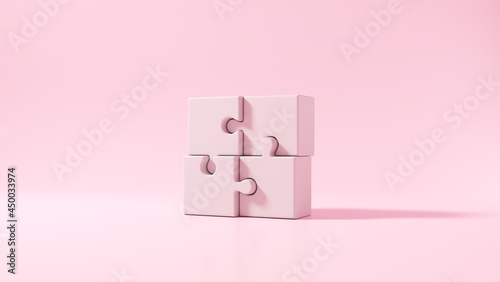 United four pink puzzles on a pink background. 3d render illustration.