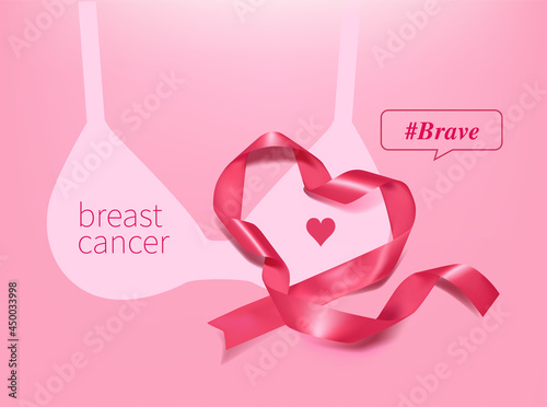 Breast cancer awareness month poster background concept design. Realistic pink bow ribbon vector illustration template
