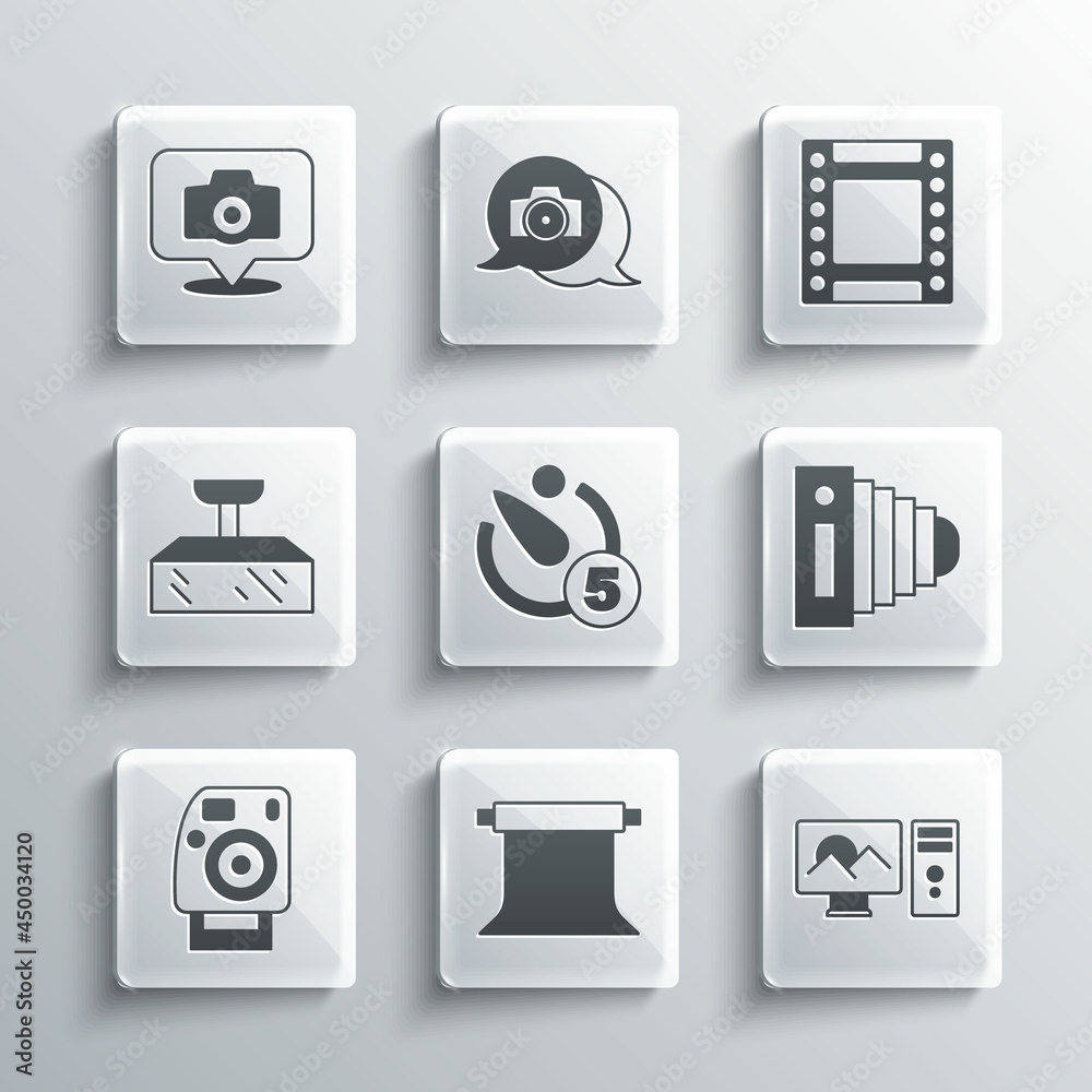 Set Empty photo studio, Photo retouching, camera, Camera timer, Softbox light, and roll cartridge icon. Vector Set Empty photo studio, Photo retouching, camera, Camera timer, Softbox light, and roll cartridge icon. Vector