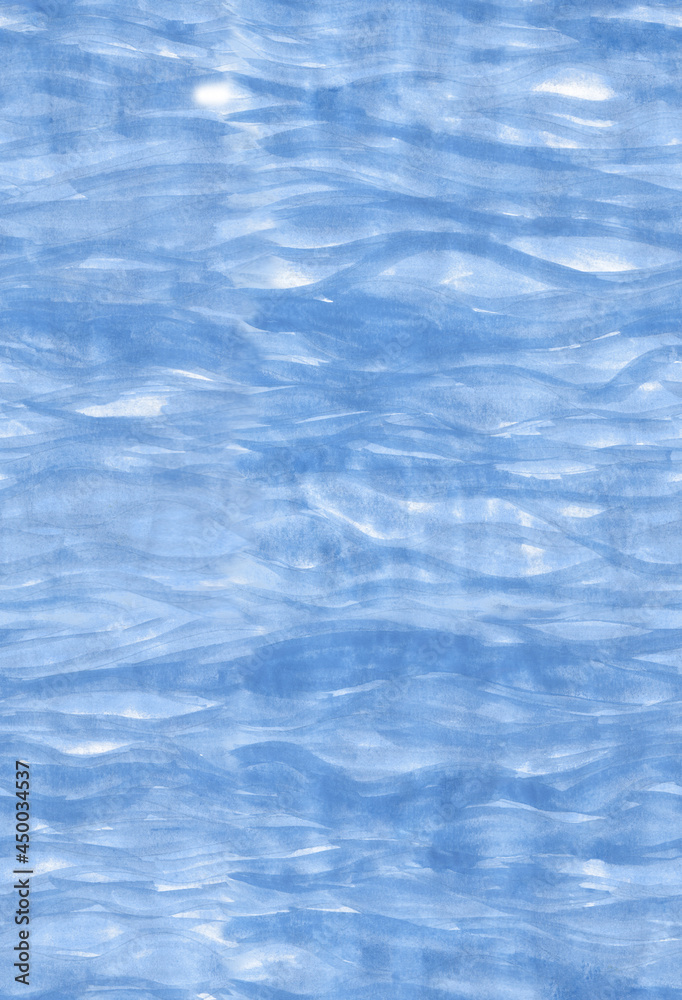 Seamless blue watercolor water texture. Wavy brush strokes. Hand-drawn pattern