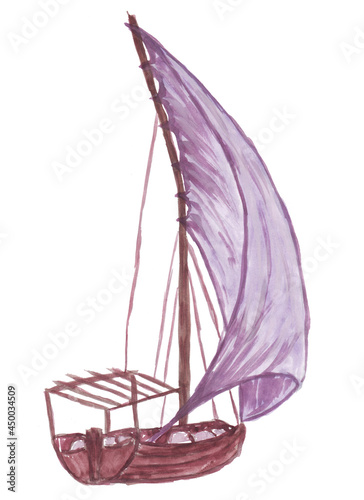 Watercolor drawing of sailing fishing boat isolated on white background. Freehand drawing of a ship with one purple sail