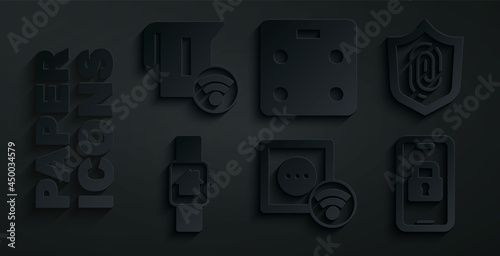 Set Smart electrical outlet, Fingerprint, home with smart watch, Digital door lock, bathroom scales and kettle icon. Vector