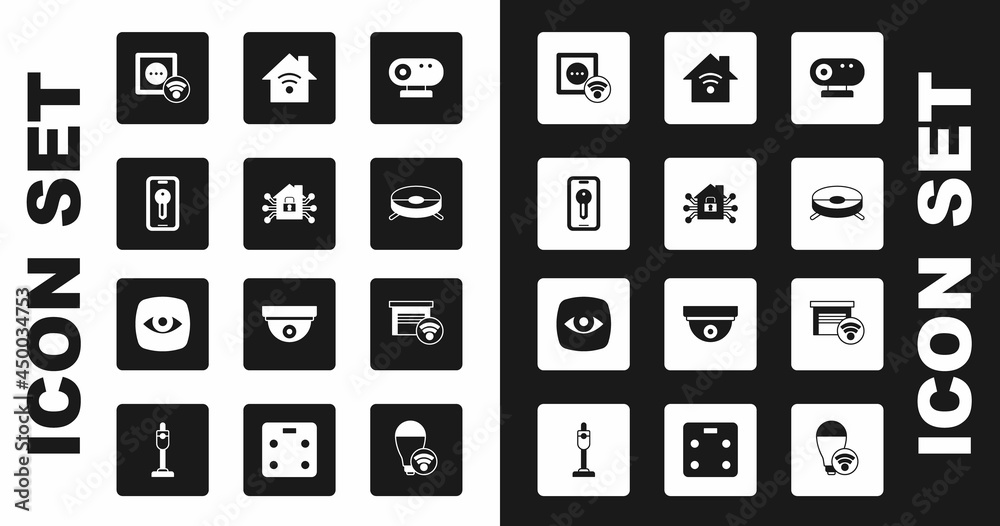 Set Web camera, Smart home, key, electrical outlet, Robot vacuum cleaner, with wi-fi, garage and Security icon. Vector Set Web camera, Smart home, key, electrical outlet, Robot vacuum cleaner, with wi-fi, garage and Security icon. Vector