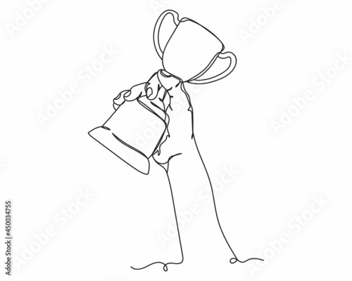 Continuous one line drawing of hand holding up a trophy cup in silhouette on a white background. Linear stylized.Minimalist.