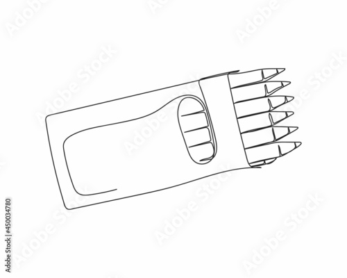 Continuous one line drawing of small box of pencils in silhouette on a white background. Linear stylized.Minimalist.