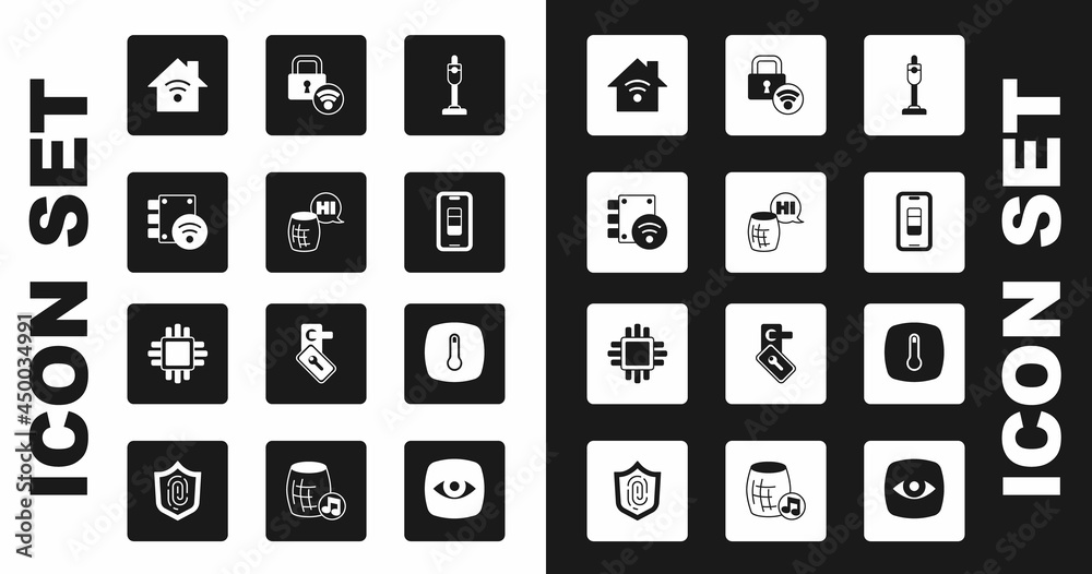 Set Vacuum cleaner, Voice assistant, Digital door lock, Smart home with wi-fi, Smartphone battery charge, Thermostat and Processor CPU icon. Vector Set Vacuum cleaner, Voice assistant, Digital door lock, Smart home with wi-fi, Smartphone battery charge, Thermostat and Processor CPU icon. Vector
