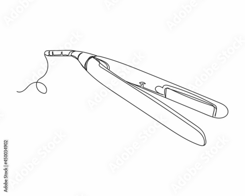 Continuous one line drawing of close up of a hair straightening iron in silhouette on a white background. Linear stylized.Minimalist.