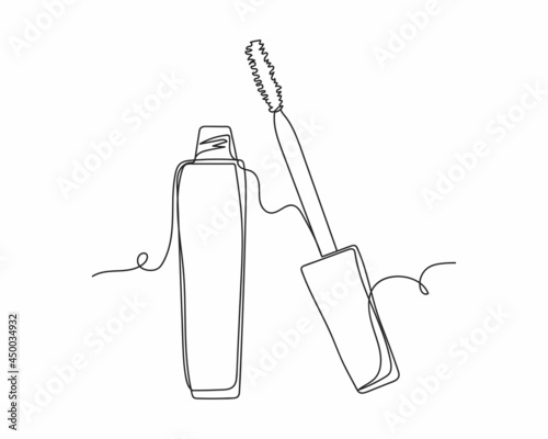 Continuous one line drawing of close up of a mascara cosmetics in silhouette on a white background. Linear stylized.Minimalist.