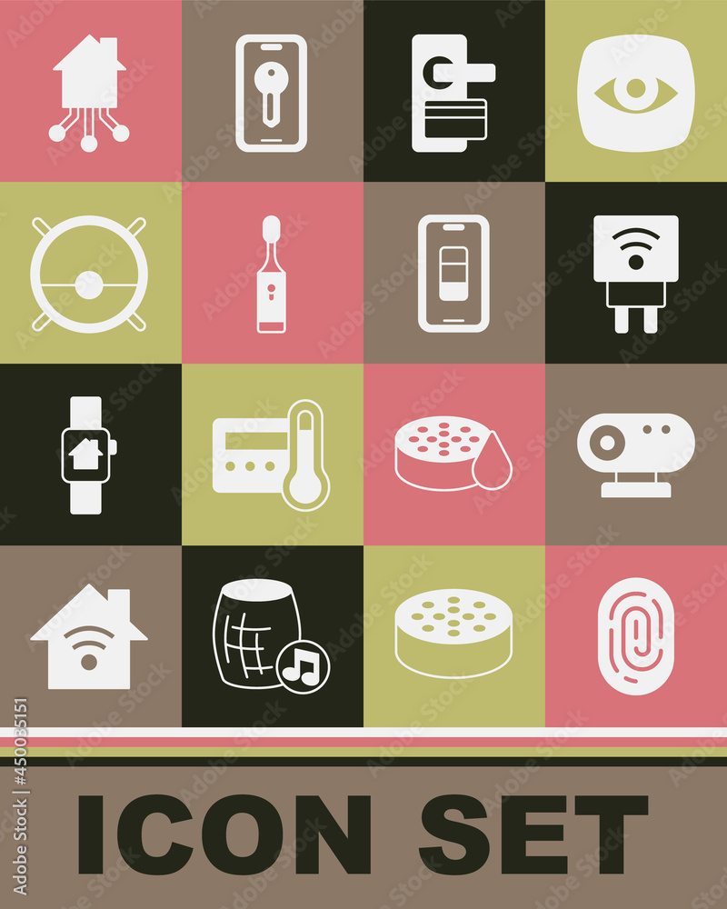 Set Fingerprint, Web camera, Smart electric plug, Digital door lock, Electric toothbrush, Robot vacuum cleaner, home and Smartphone battery charge icon. Vector Set Fingerprint, Web camera, Smart electric plug, Digital door lock, Electric toothbrush, Robot vacuum cleaner, home and Smartphone battery charge icon. Vector