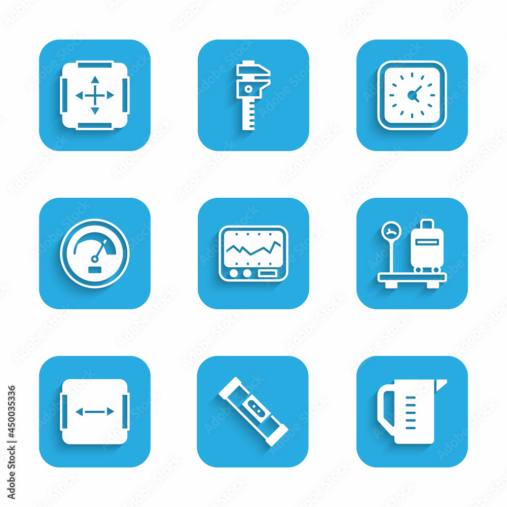 Set Measuring instrument, Construction bubble level, cup, Scale with suitcase, Area measurement, Speedometer, Clock and icon. Vector Set Measuring instrument, Construction bubble level, cup, Scale with suitcase, Area measurement, Speedometer, Clock and icon. Vector